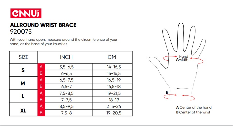 Ennui Allround Wrist Brace Sizing Chart